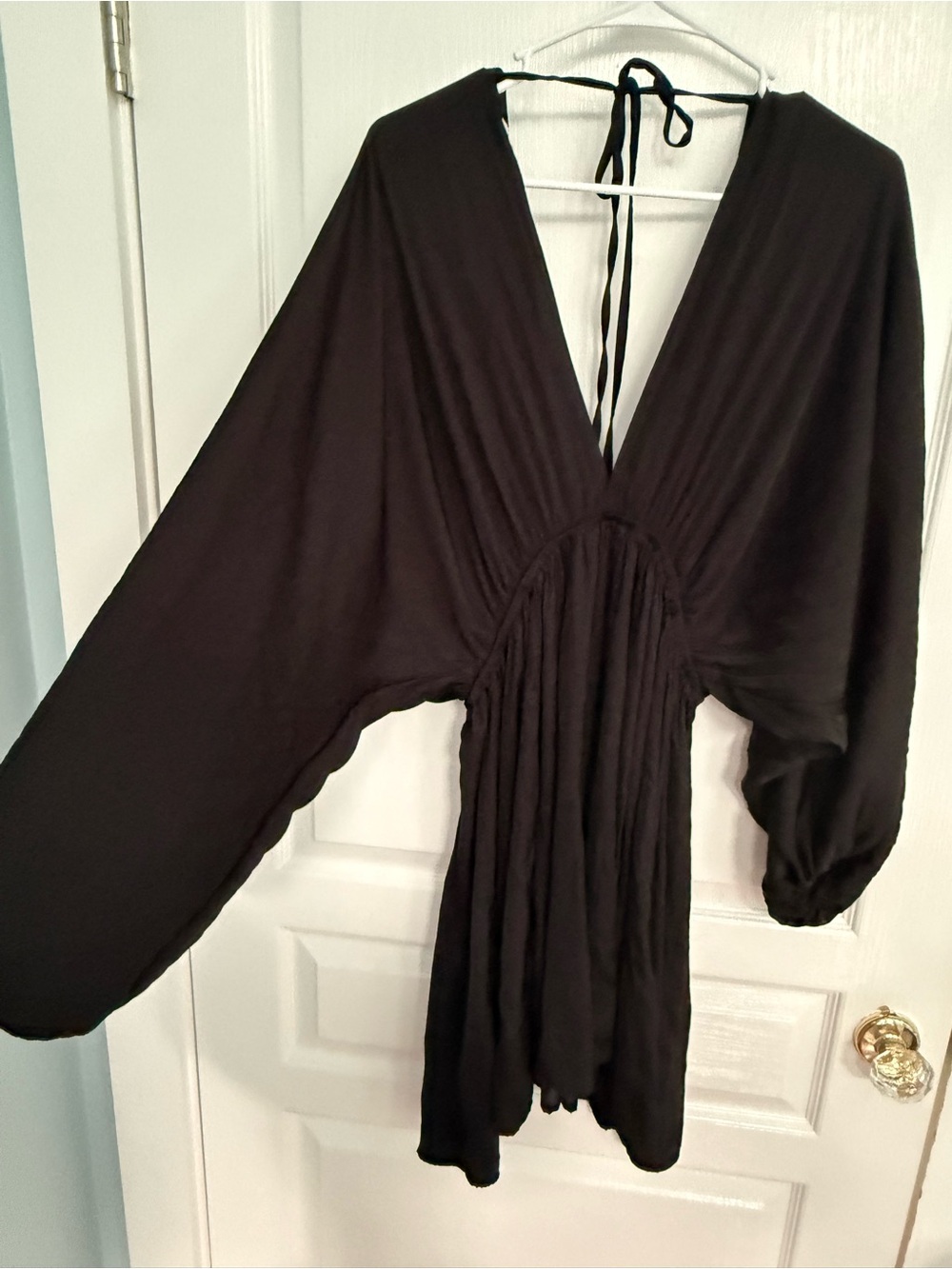 Black Long-Sleeve V-Neck Women's Dress - Picture 2 of 4